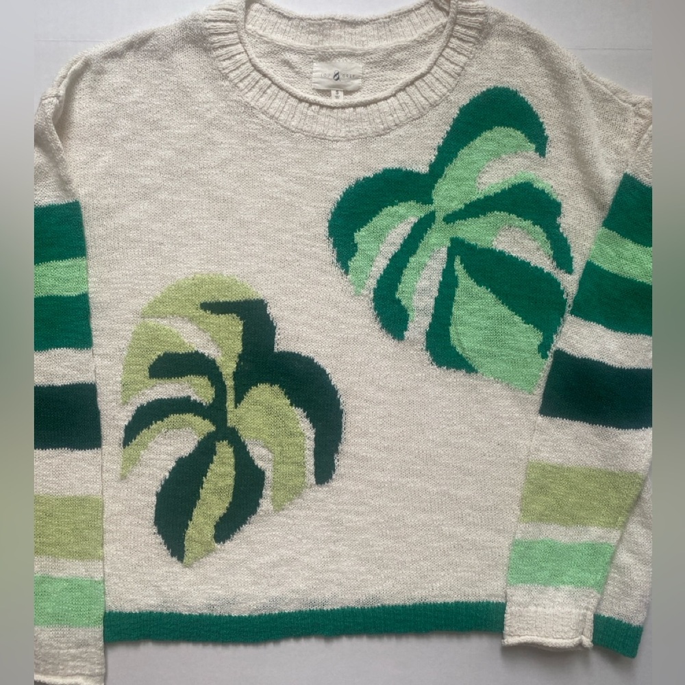 LOFT Lou & Grey Palm Leaf Sweater Size S Cotton Blend Casual Summer White Green - Picture 9 of 16